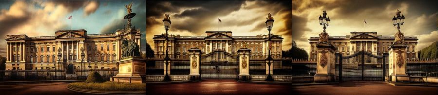Buckingham Palace London England: Der Amtssitz des britischen Monarchen und eines der bekanntesten Wahrzeichen Londons und des Vereinigten Königreichs. (c) 2023 Midjourney AI, Lizenz: CC BY-NC 4.0