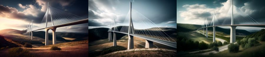 Millau Viaduct Millau Frankreich: Eine moderne Brücke, die über das Tarn-Tal in Frankreich führt und bekannt ist für ihre hohe Architektur. (c) 2023 Midjourney AI, Lizenz: CC BY-NC 4.0