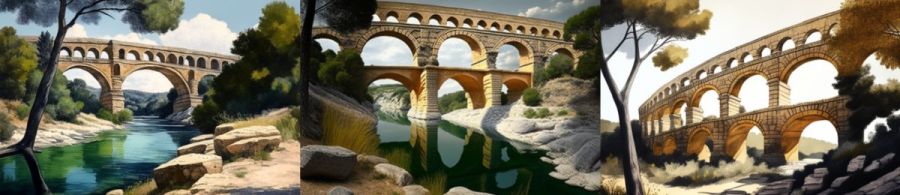 Pont du Gard Nimes Frankreich: Eine der bekanntesten römischen Aquädukte in Frankreich. (c) 2023 Midjourney AI, Lizenz: CC BY-NC 4.0