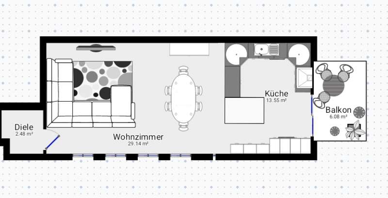 Bild zum BAU-Forumsbeitrag: Wohnzimmer, Esszimmer und Küche. Was haltet Ihr vom Grundriss? im Forum Grundriss-Diskussionen