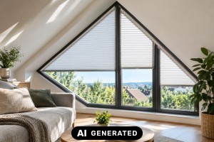 Dreiecksfenster richtig beschatten: Lösungen für Giebel und Dachgeschoss - Bild: KI-generiert / BAU.DE Dreiecksfenster richtig beschatten: Lösungen für Giebel und Dachgeschoss - Bild: KI-generiert / BAU.DE
