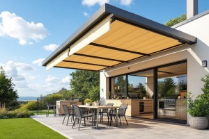 Eine <b>Markise</b> ist ein bewegliches oder fest montiertes Bauelement, das vor allem dazu dient, Außenbereiche wie Terrassen, Balkone oder Fenster vor direkter Sonneneinstrahlung und Witterungseinflüssen zu schützen.