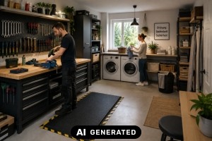 Ergonomische Bodenbel&auml;ge f&uuml;r Werkstatt und Hauswirtschaftsraum planen - Bild: KI-generiert / BAU.DE