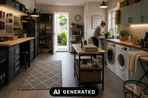 Ergonomische Bodenbel&auml;ge f&uuml;r Werkstatt und Hauswirtschaftsraum planen - Bild: KI-generiert / BAU.DE