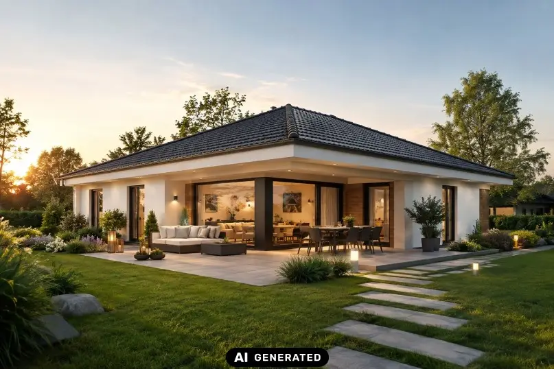 Ein Bungalow ist ein eingeschossiges Haus mit einem flachen oder leicht geneigten Dach und oft einem offenen Grundriss.