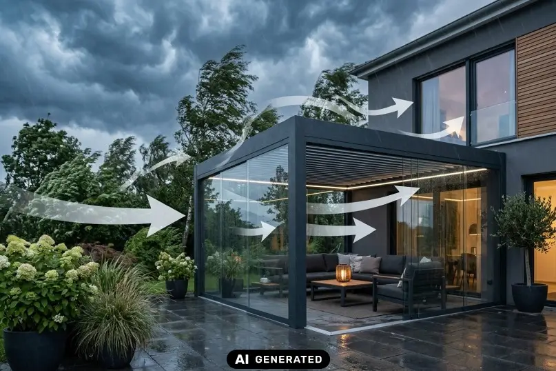 Windlast bei Terrassen&uuml;berdachungen: Sog, Druck und Seitenelemente