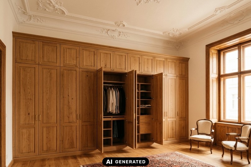 Ma&szlig;gefertigter Einbauschrank nutzt die volle Deckenh&ouml;he im Altbau
