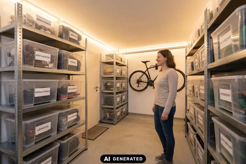 Keller optimal organisieren: Aufger&auml;umter Kellerraum mit Schwerlastregalen und Boxen